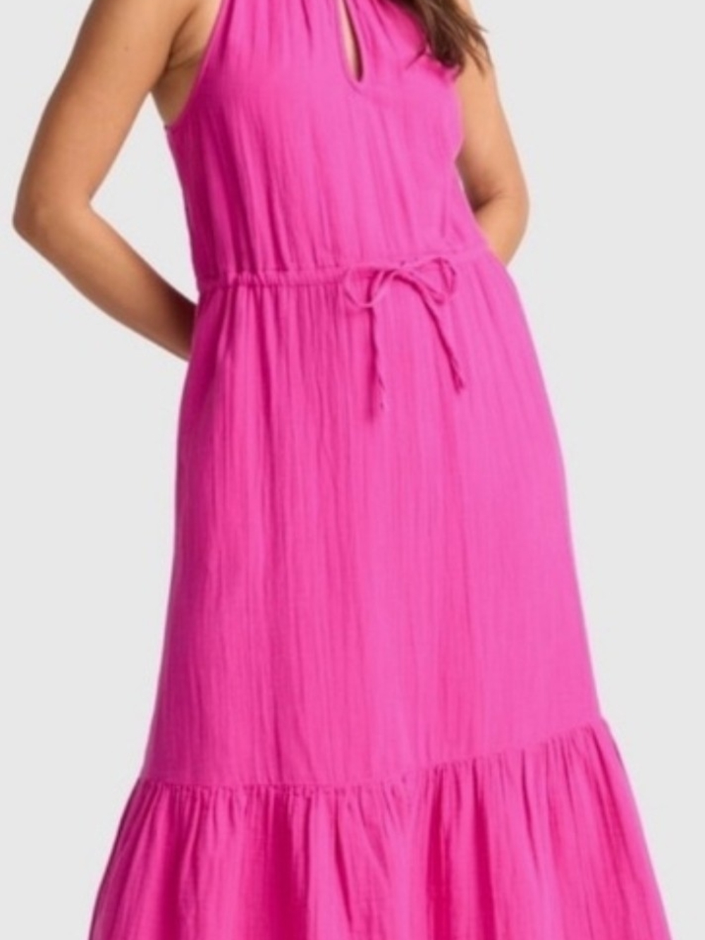 Women's Bright Pink Sleeveless Halter Tie-Waist Maxi Dress